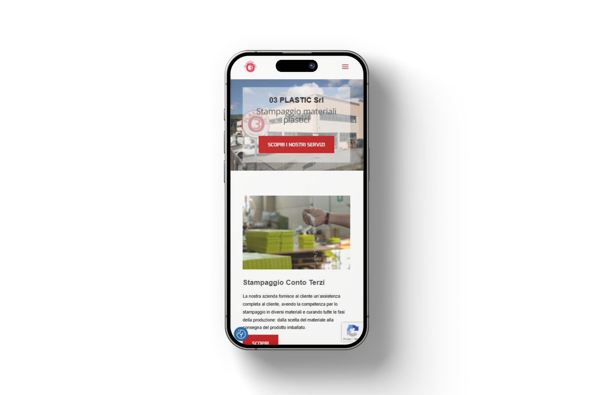 sito 03plastic.it visualizzazione mobile prima schermata