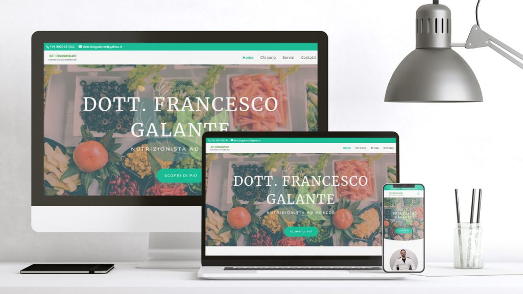 grafica computer desktop, computer portatile e telefono mobile che mostrano il sito del dottor nutrizionista Francesco Galante