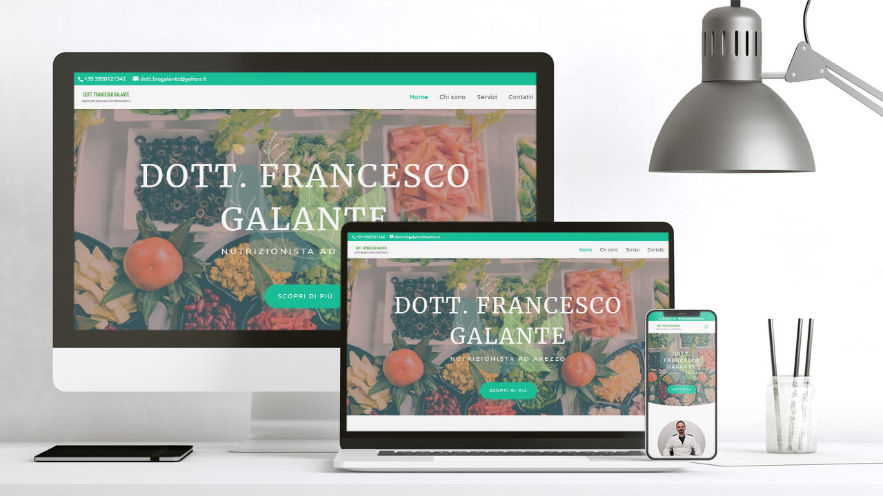 grafica computer desktop, computer portatile e telefono mobile che mostrano il sito del dottor nutrizionista Francesco Galante
